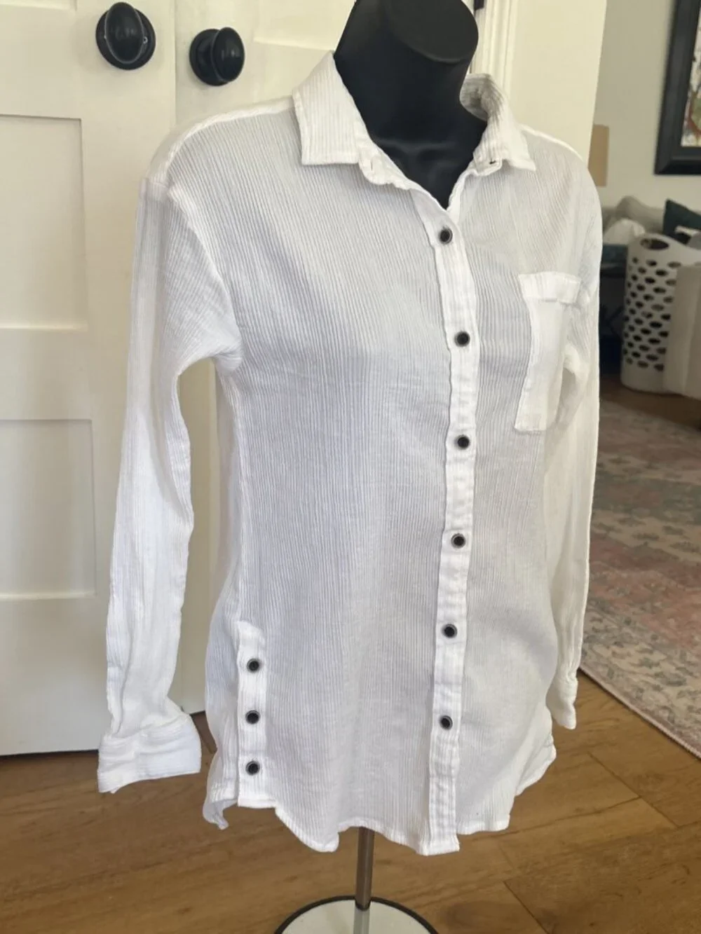 prAna White Button Front Shirt XS Ribbed Cotton Long Sleeve Casual Boho - Picture 3 of 9